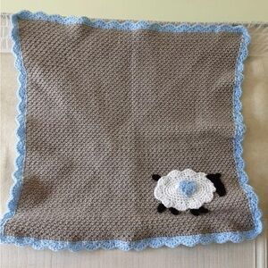 Crochet Knitted Handmade Baby Boy Nursery Blanket Blue Sheep Afghan